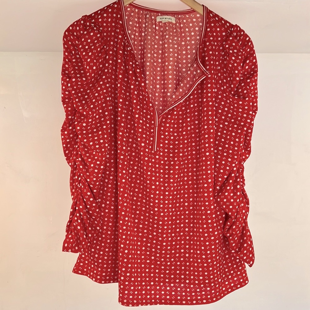 Max Studio red blouse with ruched sleeves